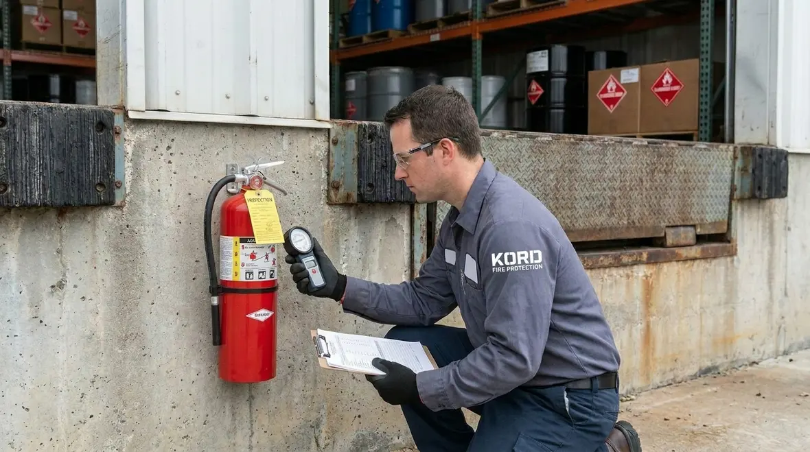 Technician assessing extinguisher placement and site risks