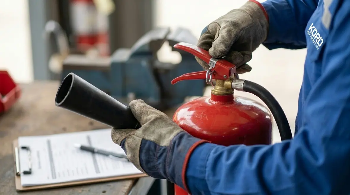 fire safety contractor checking extinguisher tags and records