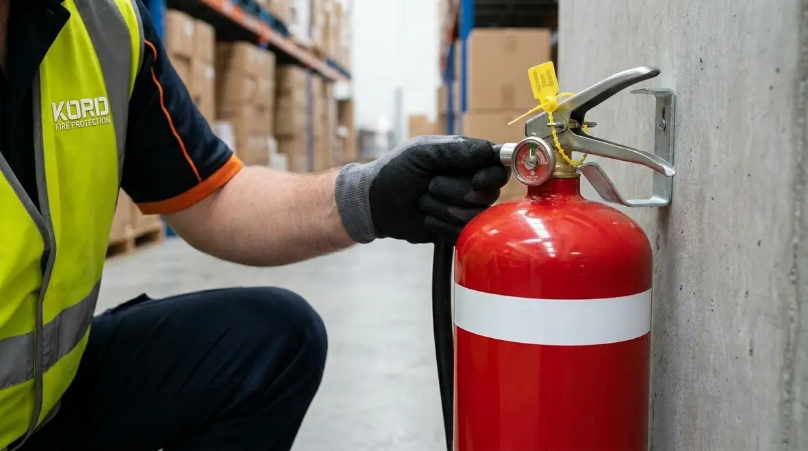 Technician checking fire extinguisher inspection points in Australia facility