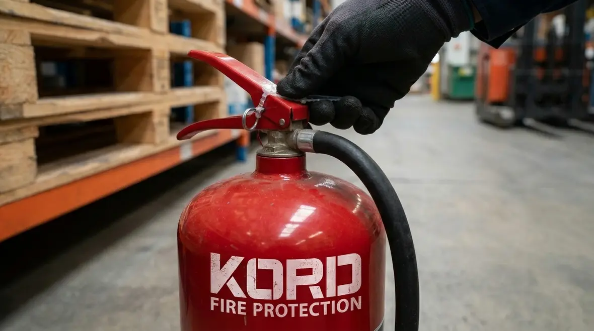 Mounted fire extinguisher being checked for bracket security and condition