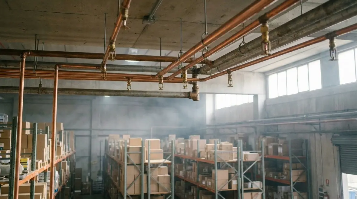 Automatic suppression system components installed overhead in an industrial workspace
