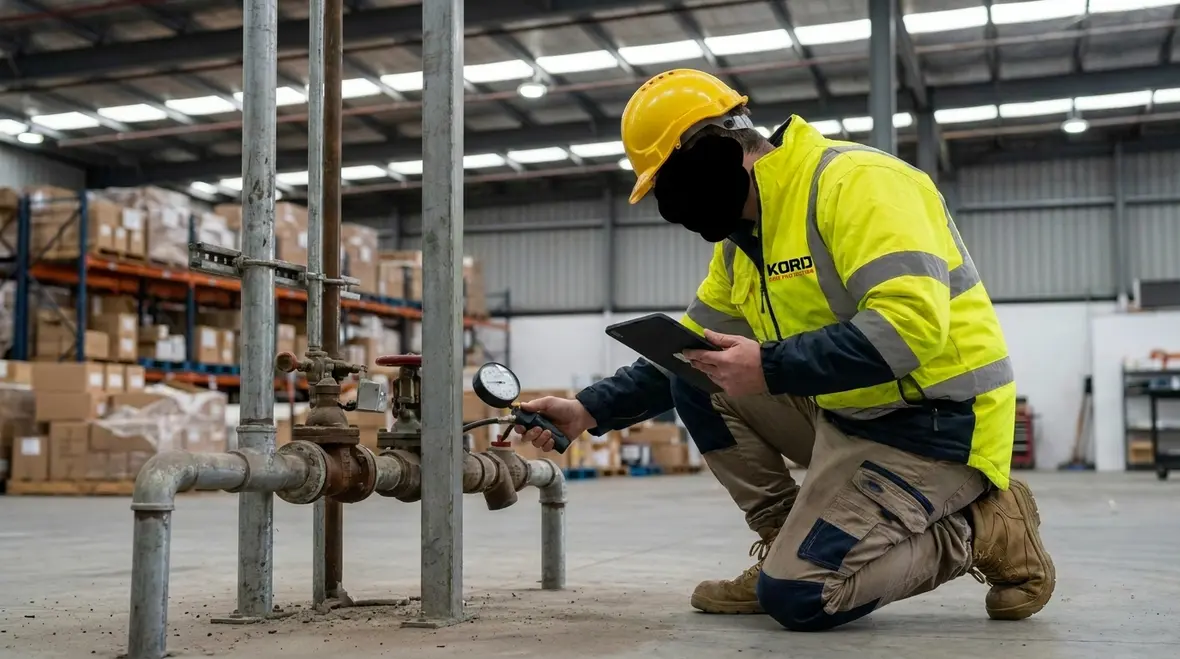 Technician carrying out fire sprinkler inspection in an Australian commercial site