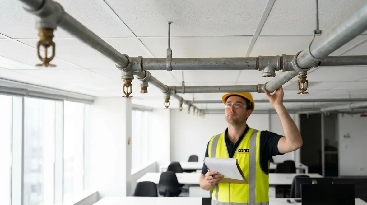 Fire sprinkler inspection technician reviewing sprinkler coverage in Melbourne