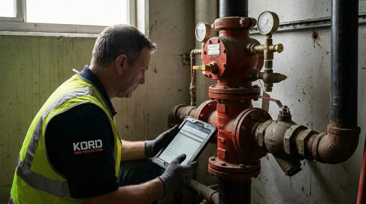 Technician checking commercial sprinkler valves and gauges in Perth