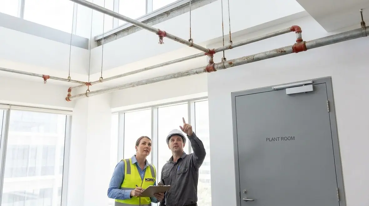 Commercial fire sprinkler inspection team checking ceiling heads in Sydney