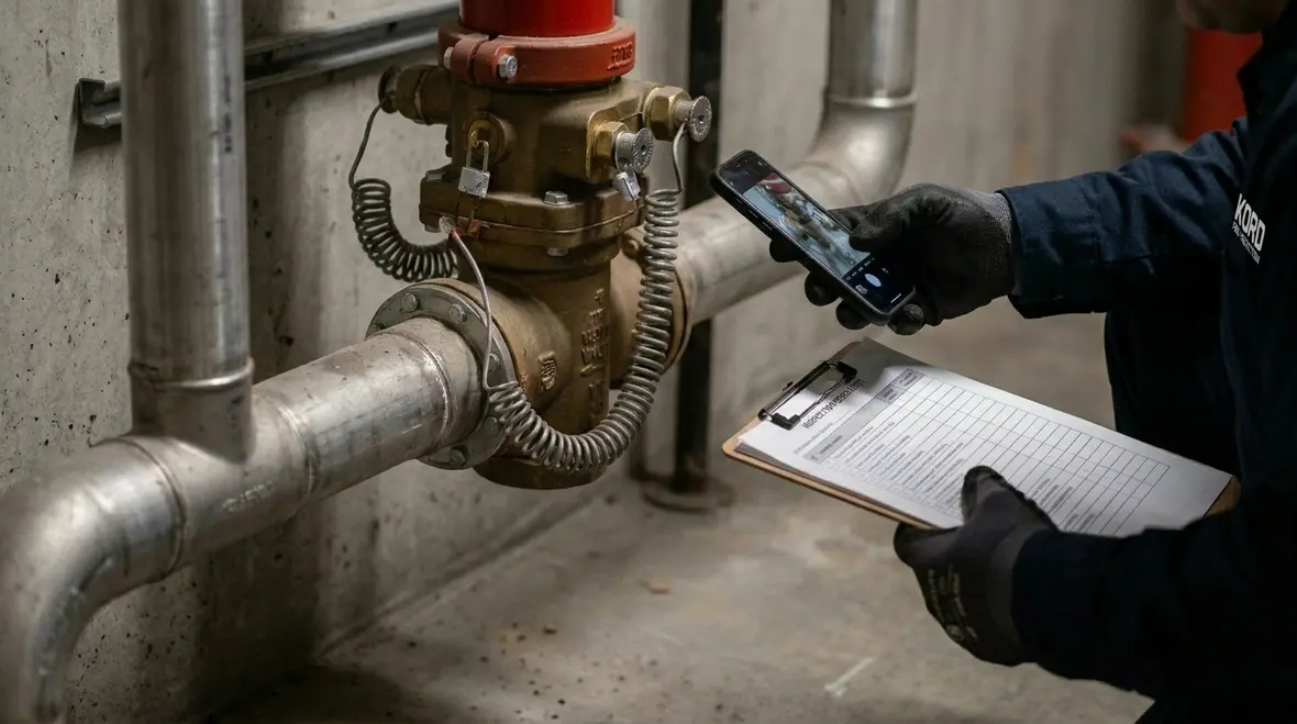 Fire protection technician reviewing sprinkler valve assembly and reporting notes
