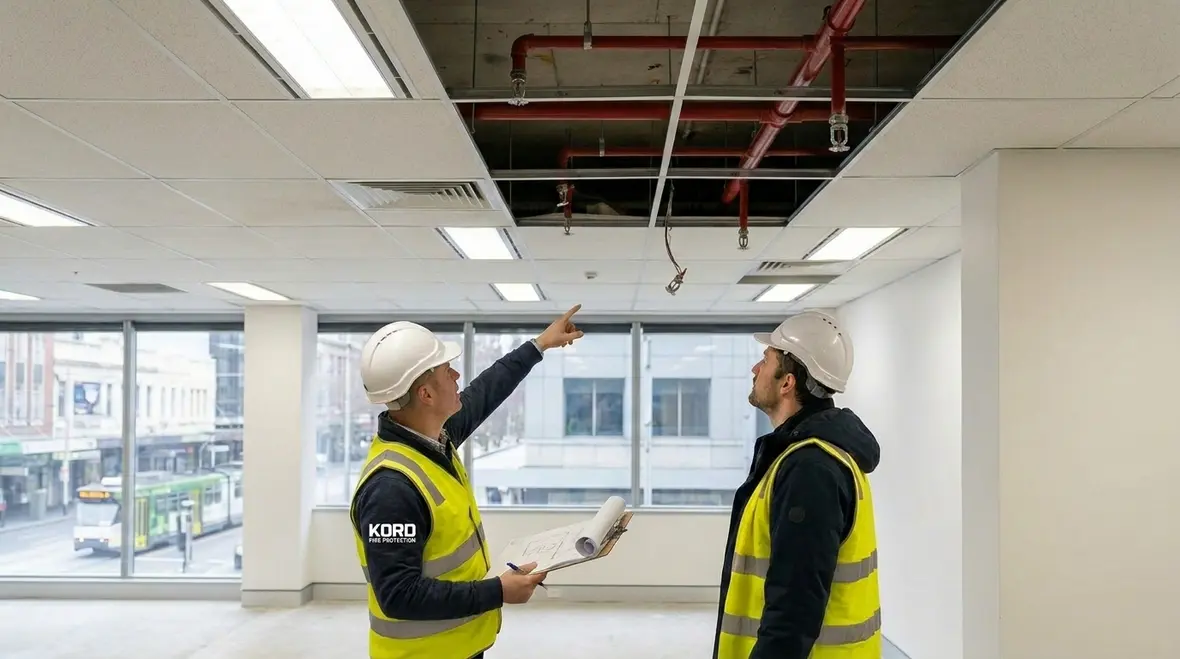 Commercial fire sprinkler pipework being installed in a Melbourne building