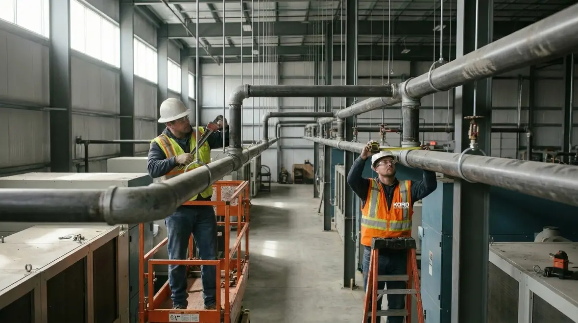 Sprinkler layout and coordination work inside a commercial ceiling space