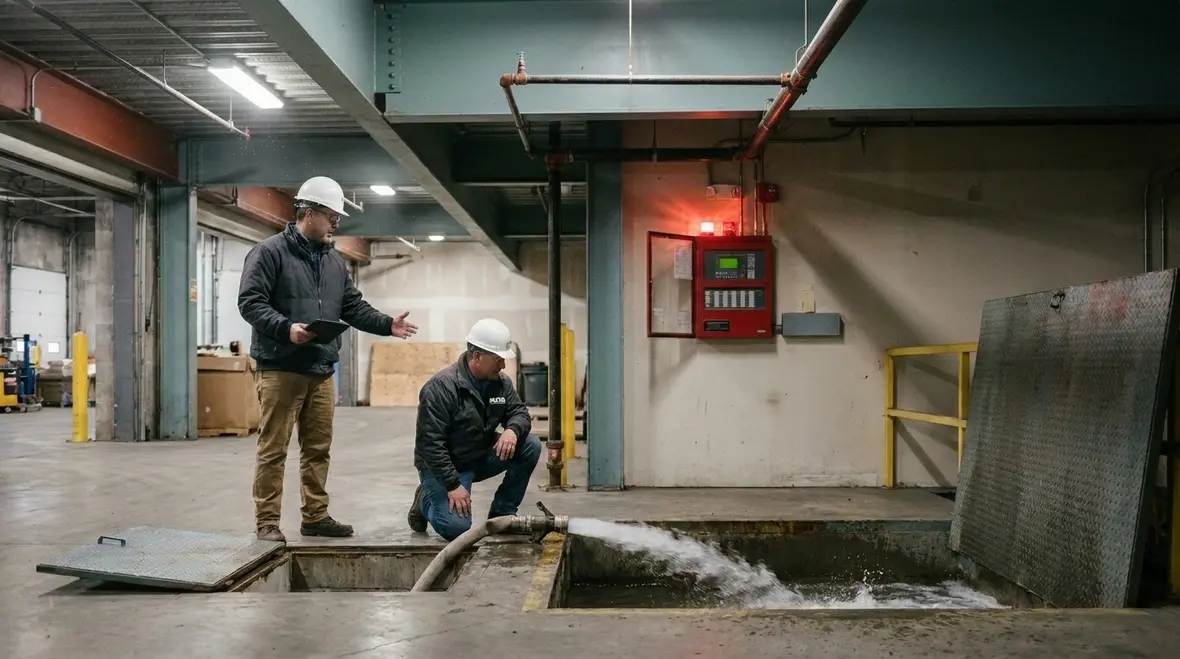 Technician inspecting commercial sprinkler valve assembly