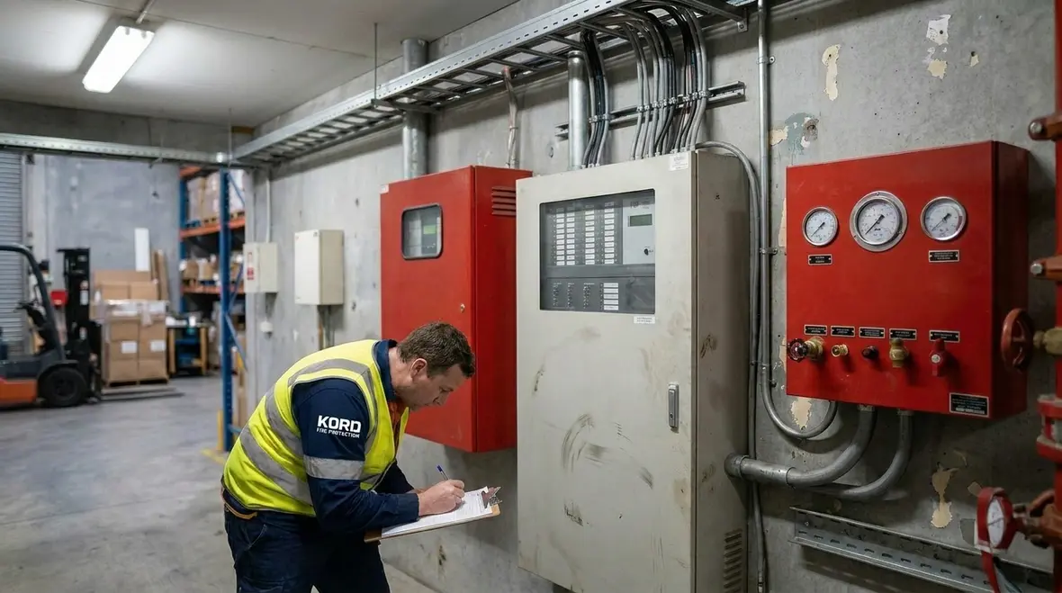 Technician checking sprinkler valves and gauges during scheduled maintenance
