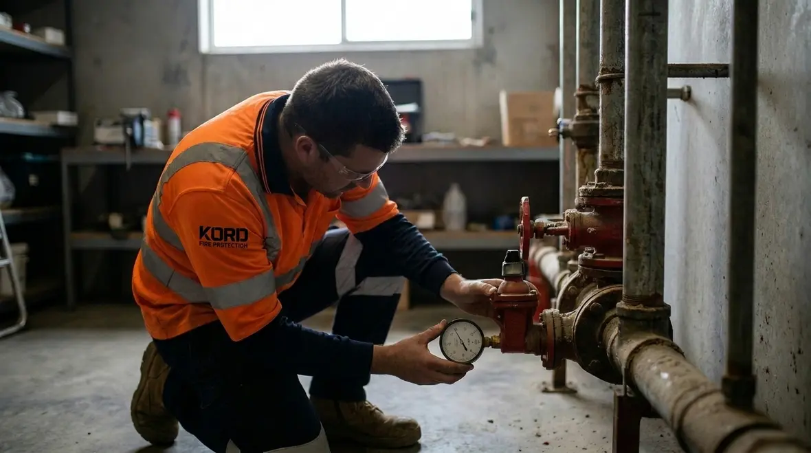 Fire sprinkler maintenance team inspecting pipework in Melbourne