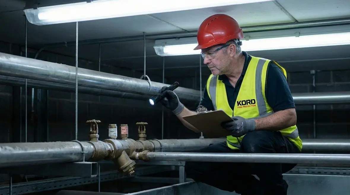 Technician checking commercial fire sprinkler system in Perth facility