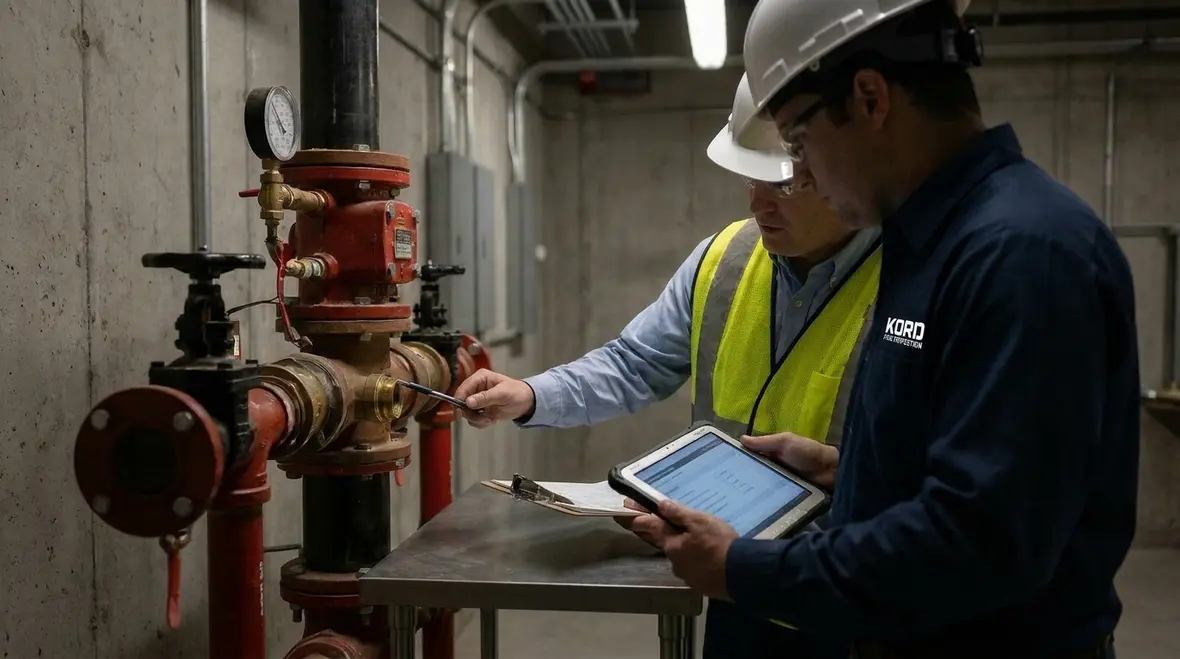 Inspection of fire sprinkler heads and ceiling coverage in commercial building