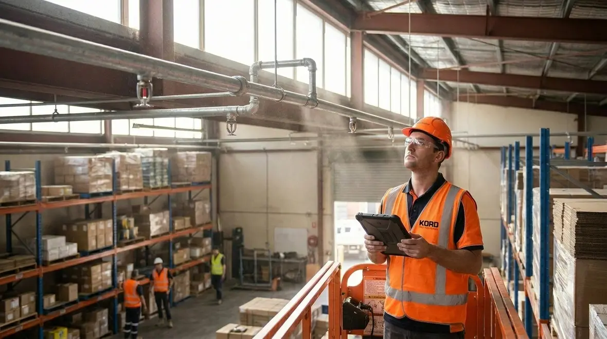 Commercial fire sprinkler pipework and inspection points in an industrial facility