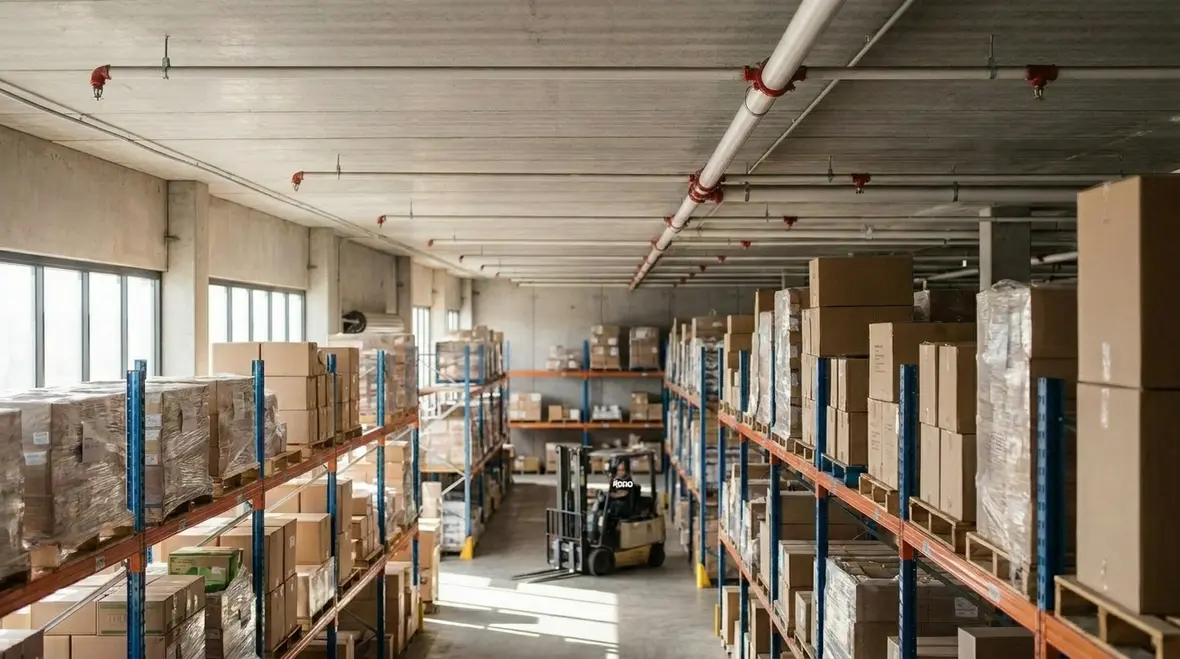 Warehouse fire sprinkler pipework and protection layout