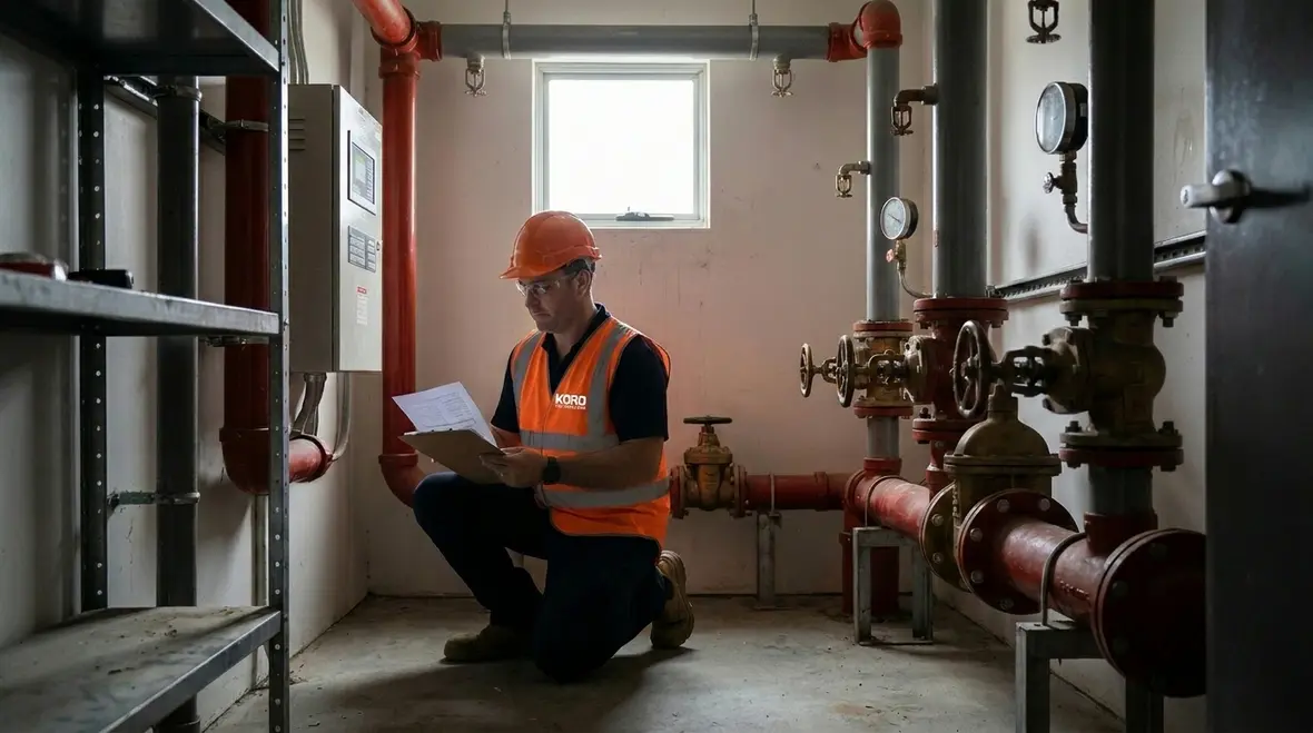 Commercial fire sprinkler pipework and testing assembly
