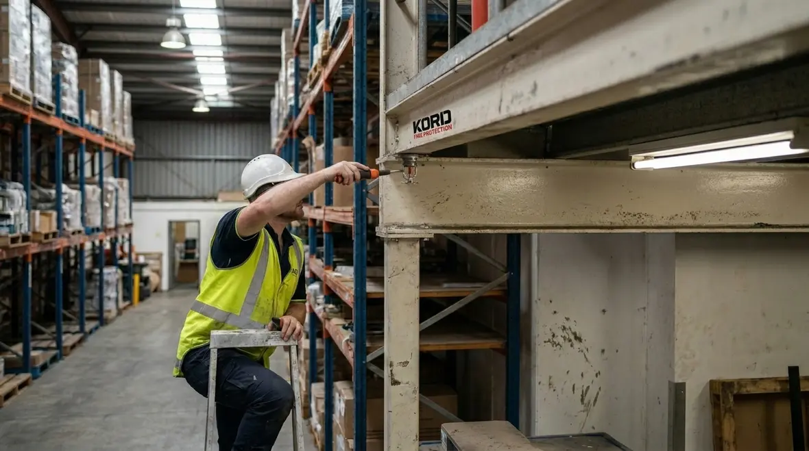 Technician inspecting commercial sprinkler valves and gauges