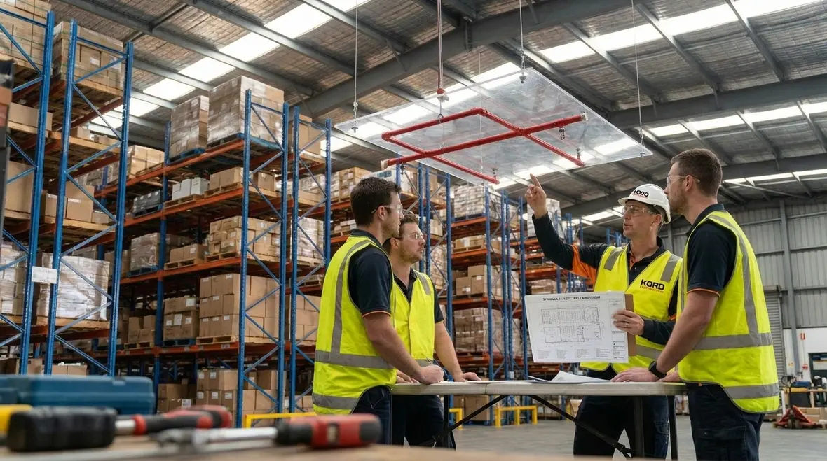 Warehouse fire sprinkler pipework and ceiling layout in Perth