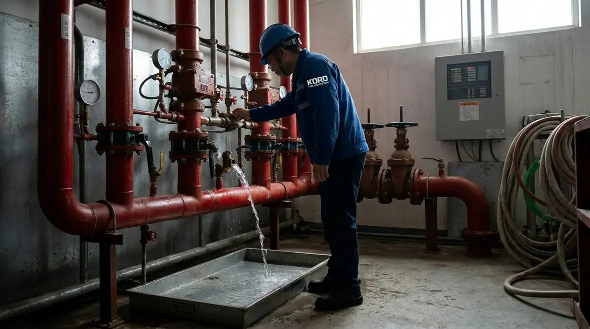 Technician checking sprinkler control valves and gauges