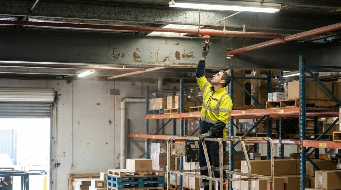warehouse fire sprinkler maintenance inspection above racking