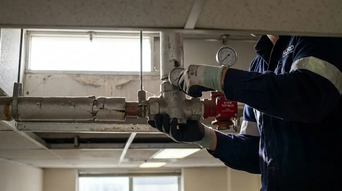 Fire sprinkler testing equipment and pipework in Sydney commercial building