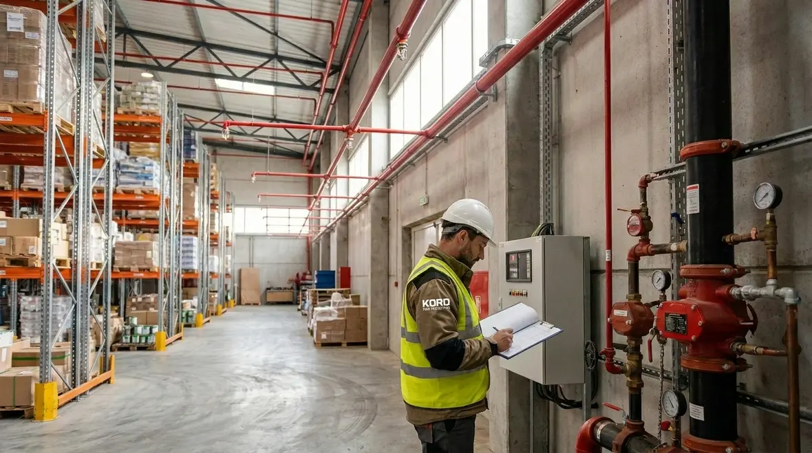 Technician reviewing fire sprinkler compliance and valve inspection