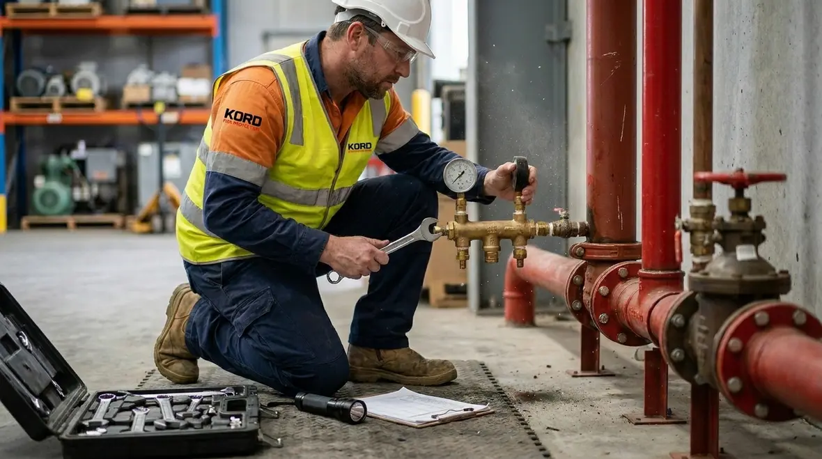 technician checking fire suppression system service points