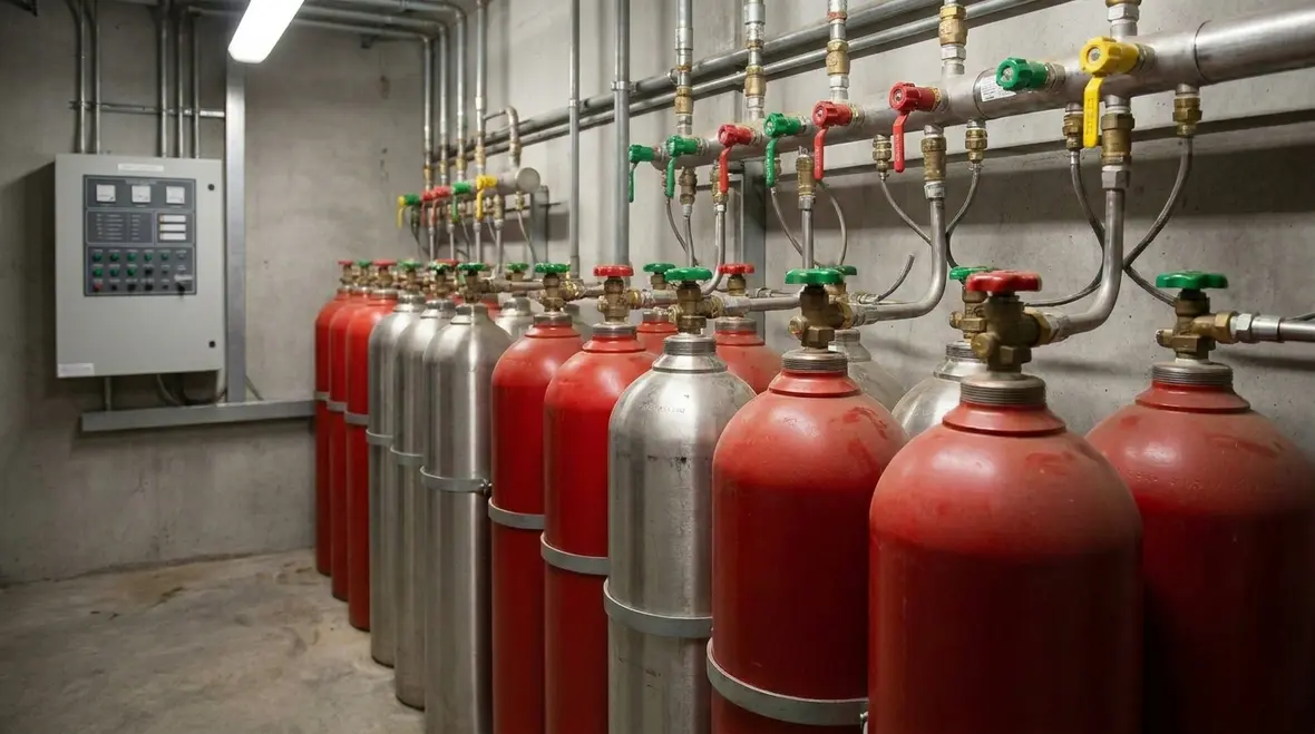 Modern halon alternative suppression cylinders in an Australian plant room