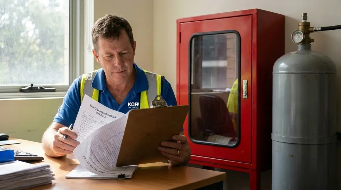 Technician reviewing halon system records and service history