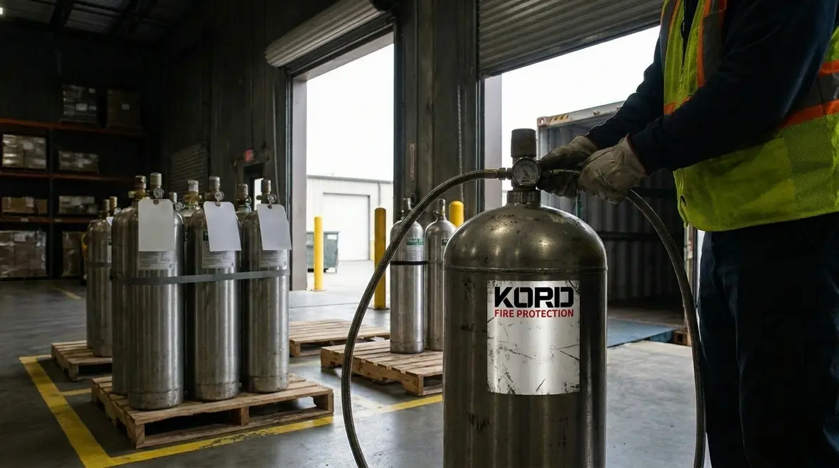 Technician isolating halon system controls during shutdown planning