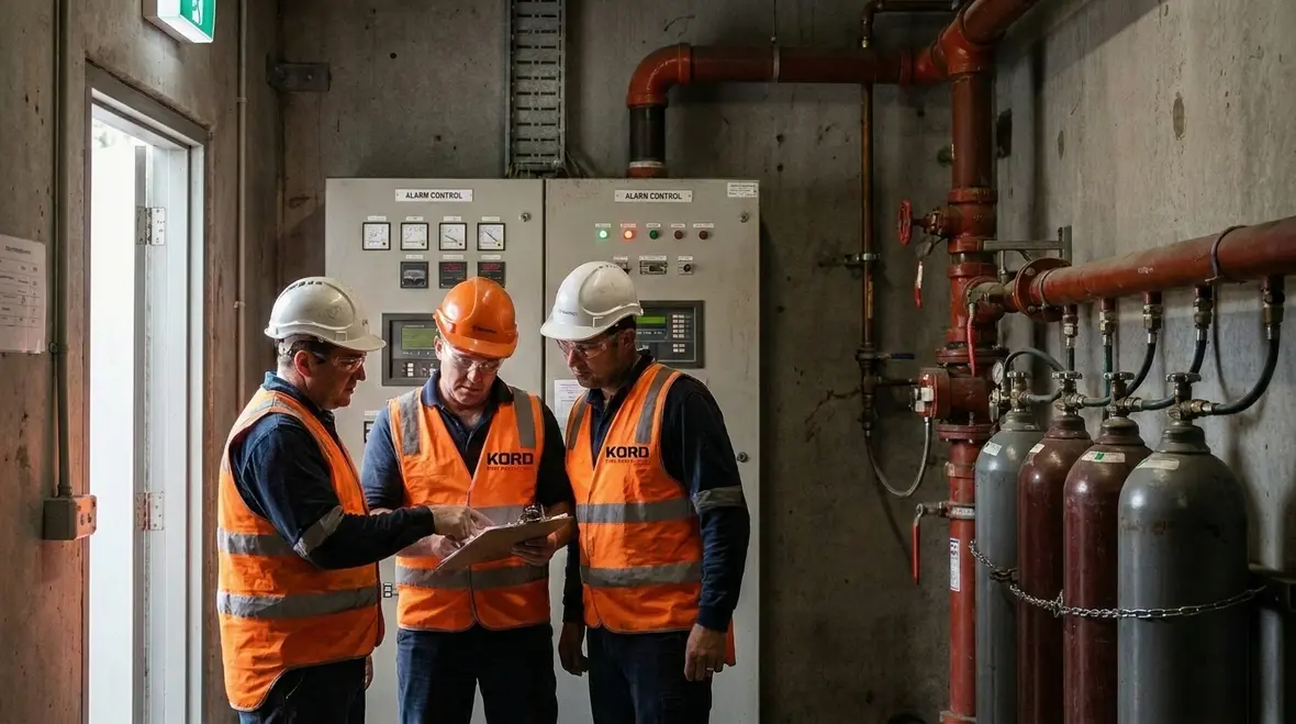 Technicians assessing a Halon fire suppression system in an Australian facility