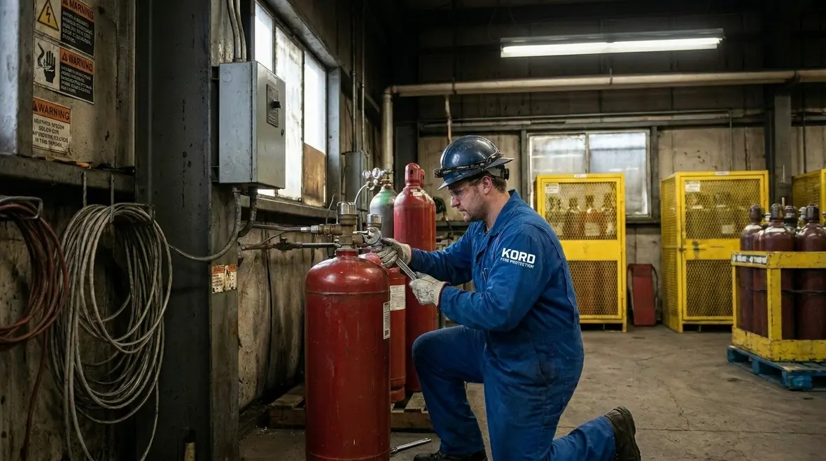 Existing Halon cylinders and pipework inside a commercial fire protection room