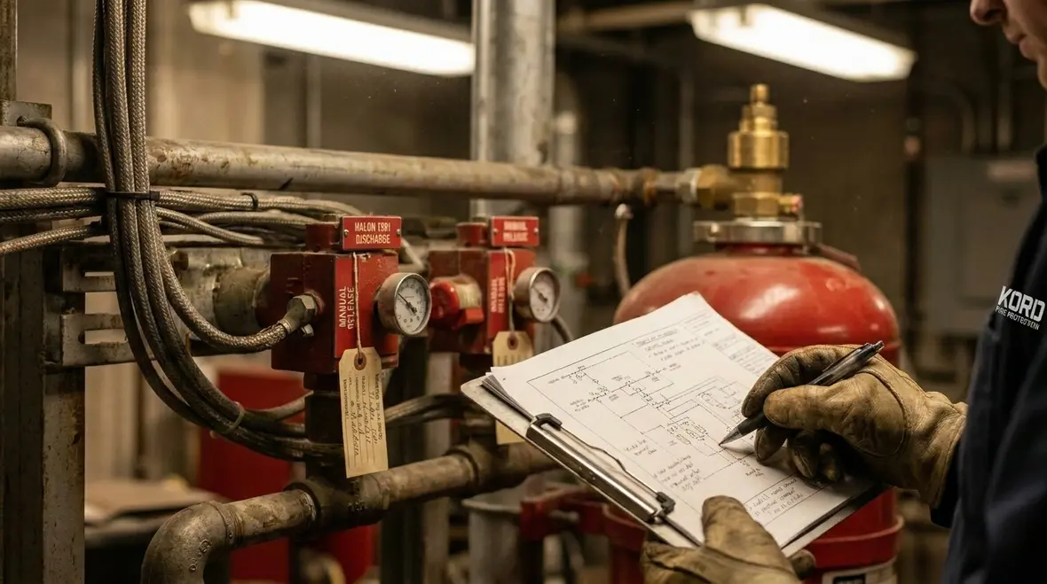 Technician reviewing halon system inspection records on site