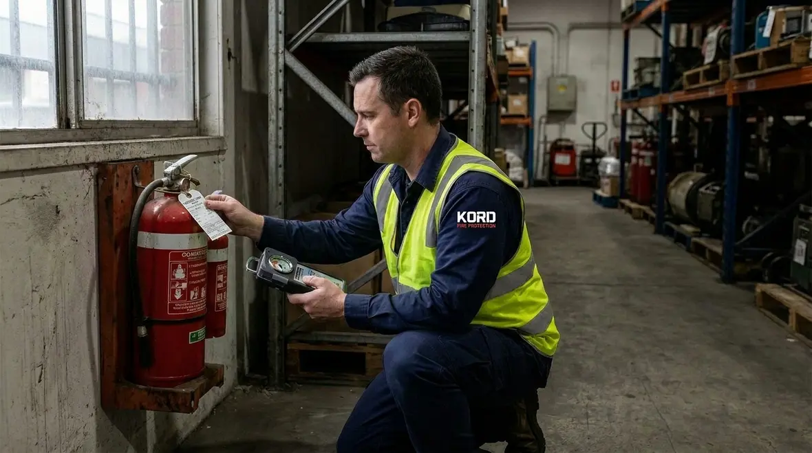 Technician inspecting a commercial fire extinguisher in a Sydney facility