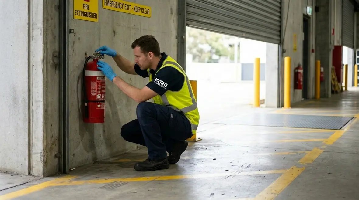 Sydney technician servicing fire extinguisher equipment in an industrial building