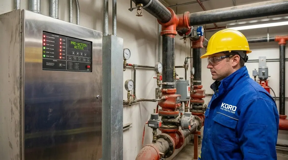 deluge suppression arrangement with industrial pipework and control valves in a commercial plant room