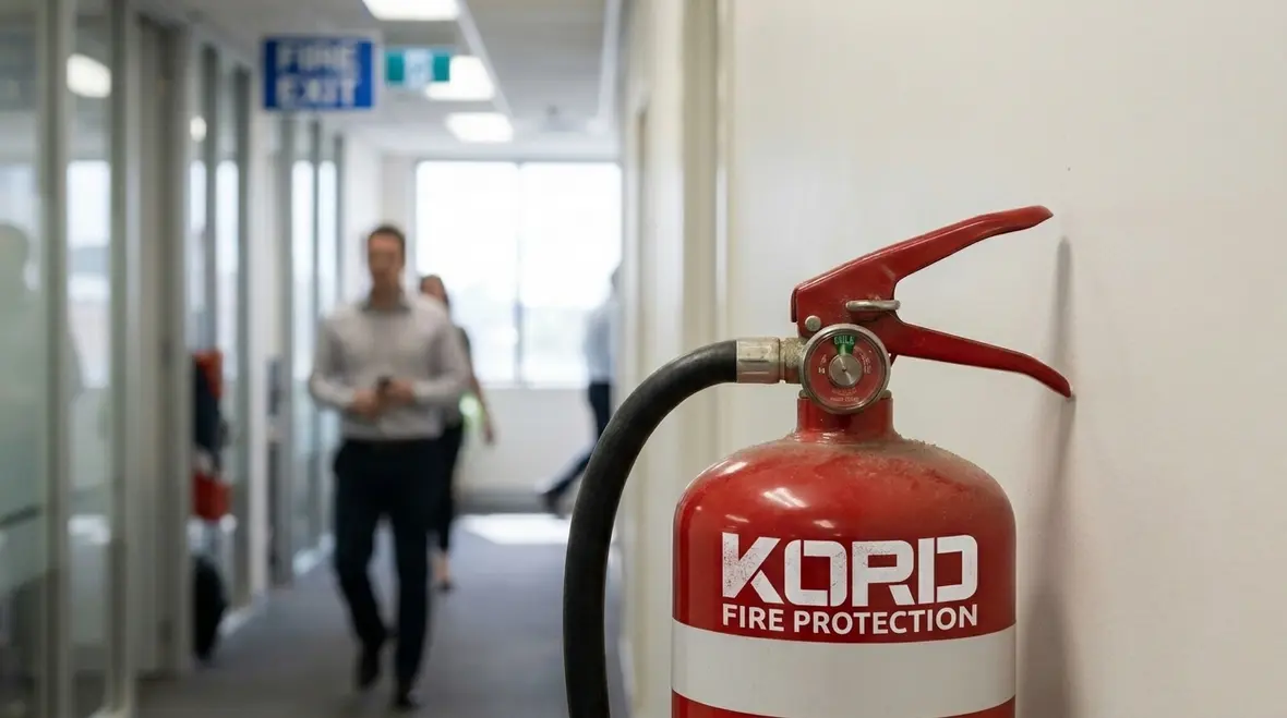 technician inspecting fire extinguisher in Australia