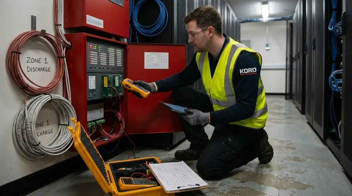 fire detection and discharge sequence in a protected server room