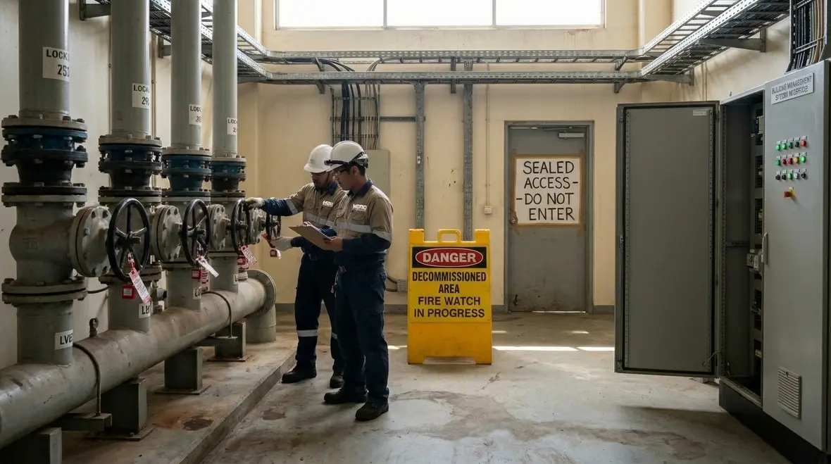 Staged fire suppression decommissioning works coordinated to reduce disruption in an operating site