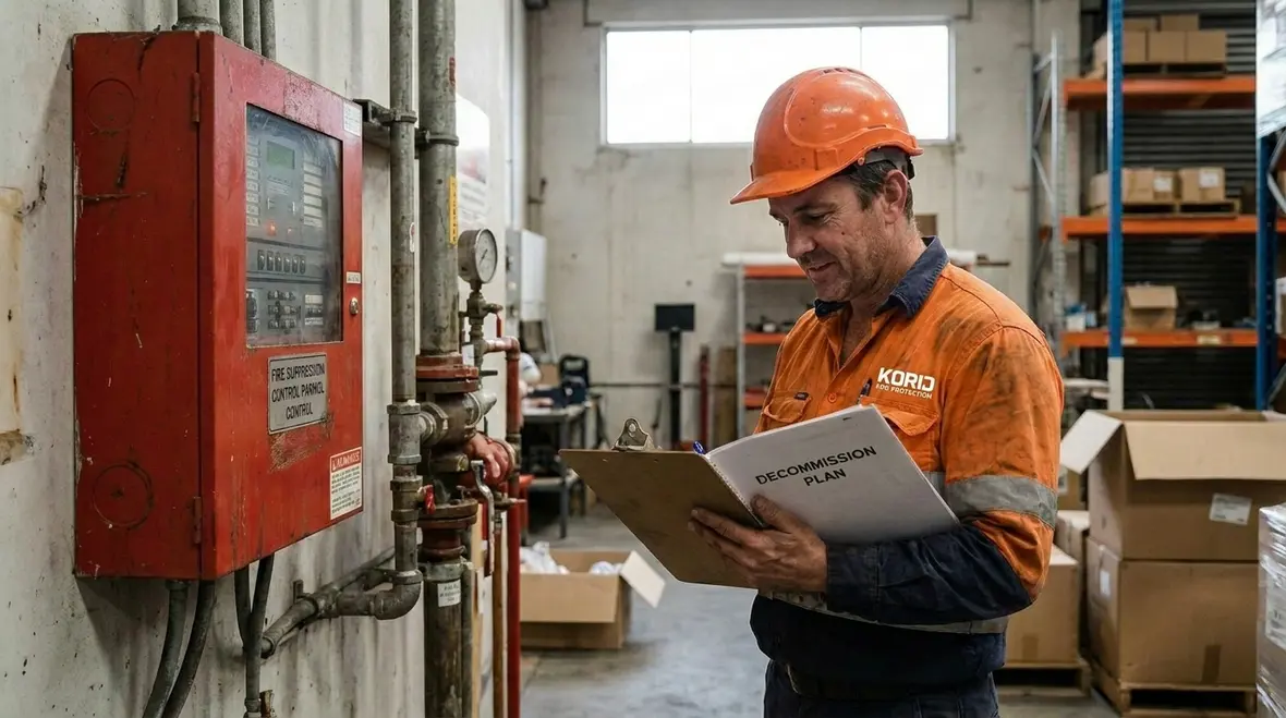Technician reviewing outdated fire suppression system before compliant shutdown in an Australian commercial facility