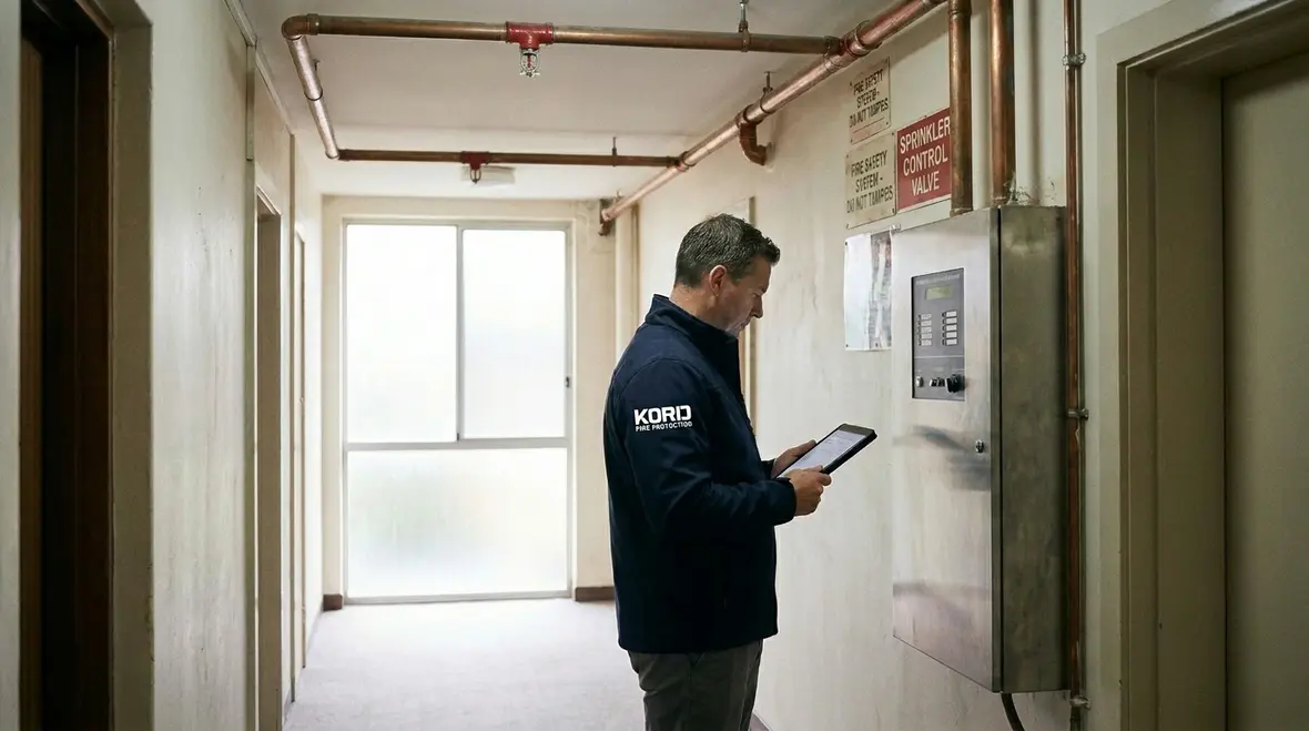 Strata fire sprinkler maintenance technician inspecting shared building system in Sydney