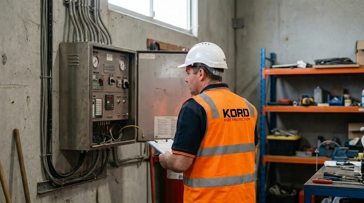 technician reviewing suppression system compliance check in commercial facility
