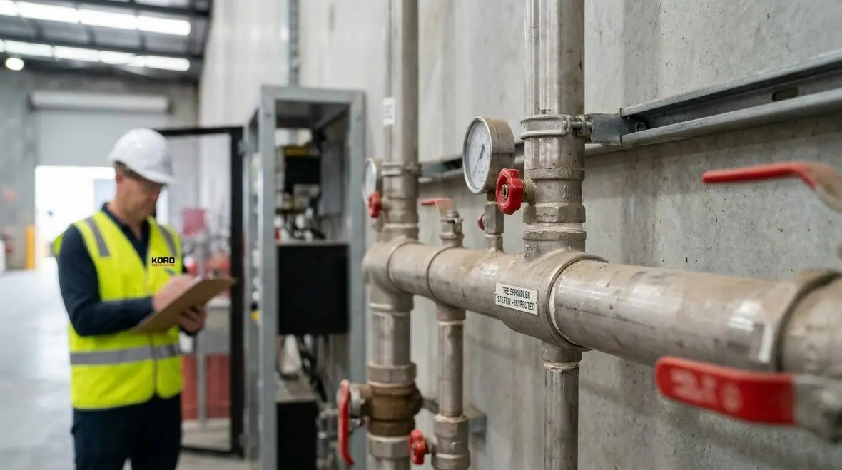 technician inspecting fire suppression system components under AS 1851