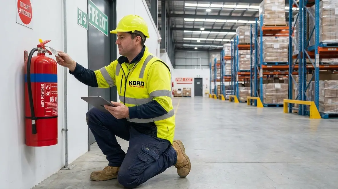 Technician checking a fire extinguisher in an Australian workplace