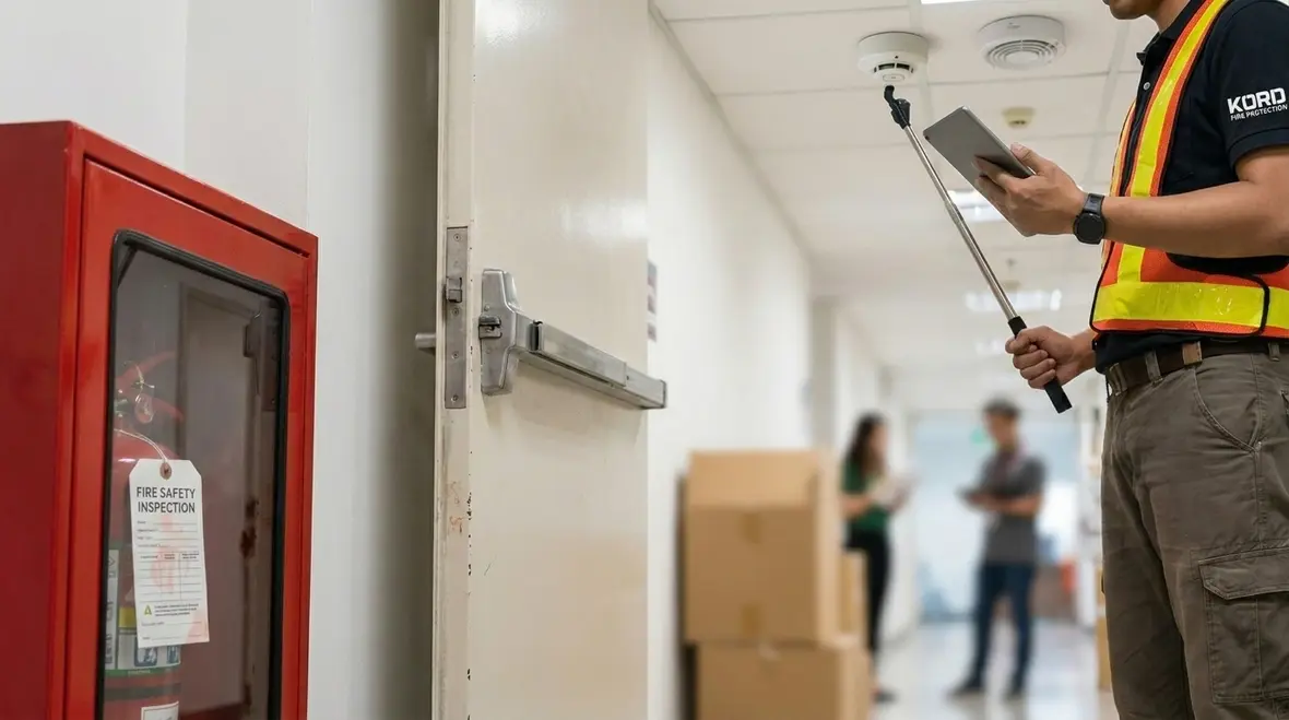 Technician inspecting and testing fire protection equipment