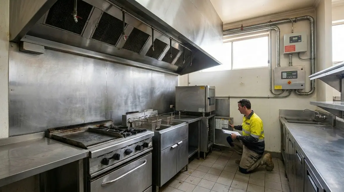 Commercial kitchen fire suppression compliance inspection and Australian restaurant fire safety system components