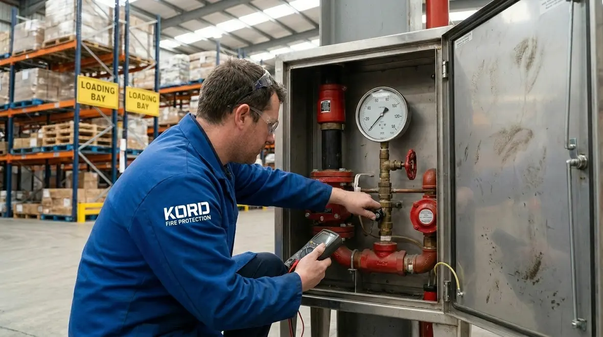 Technician upgrading warehouse fire sprinkler system components