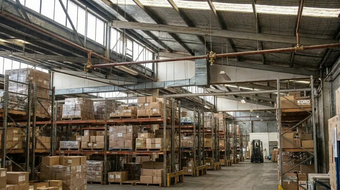 Warehouse sprinkler pipework above storage aisles in Melbourne