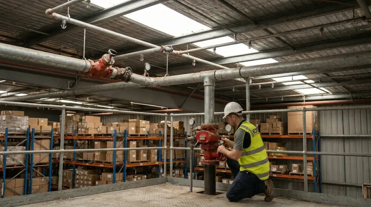 Automatic warehouse suppression infrastructure across ceiling and storage area