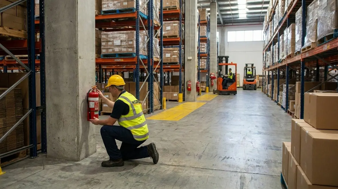 industrial fire extinguisher beside warehouse exit route